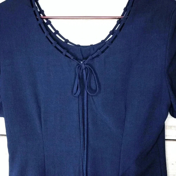 VTG Kathy Lee Dress 14 Dark Blue Short Sleeve Midi Back Zip Unlined - Picture 9 of 11